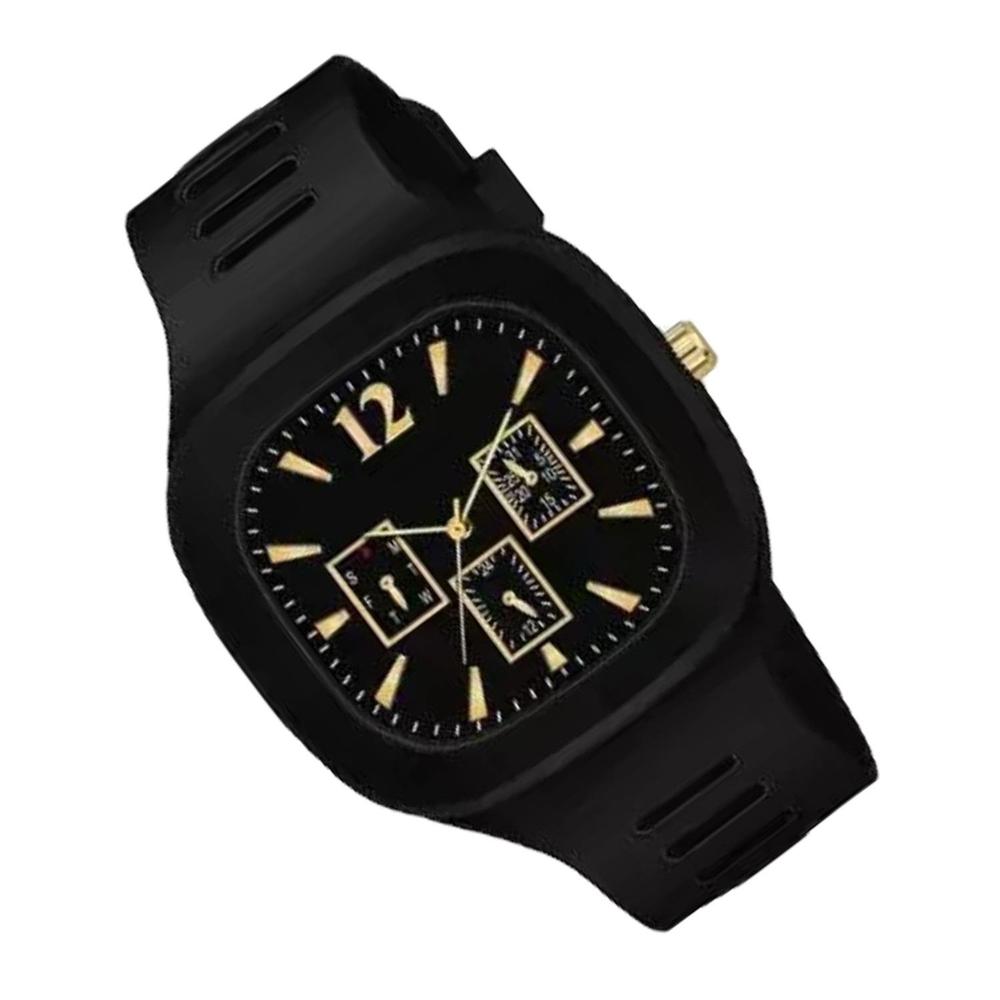 Men's Analog Quartz Watch | Black Square Dial | Silicone Strap | Gold-Tone Markers
