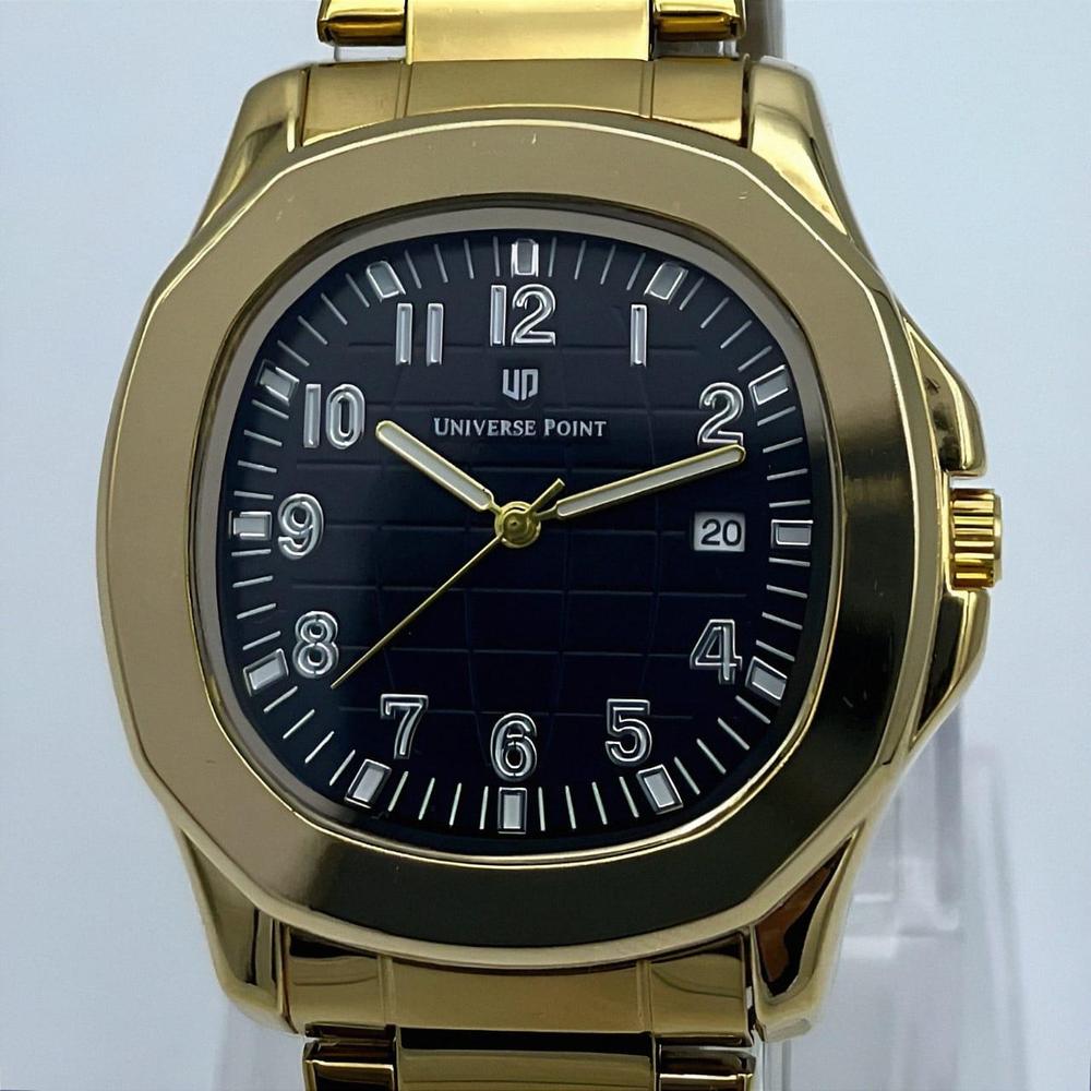 Universe Point Men's Analog Quartz Watch | Black Dial | Gold Stainless Steel Strap | Date Display